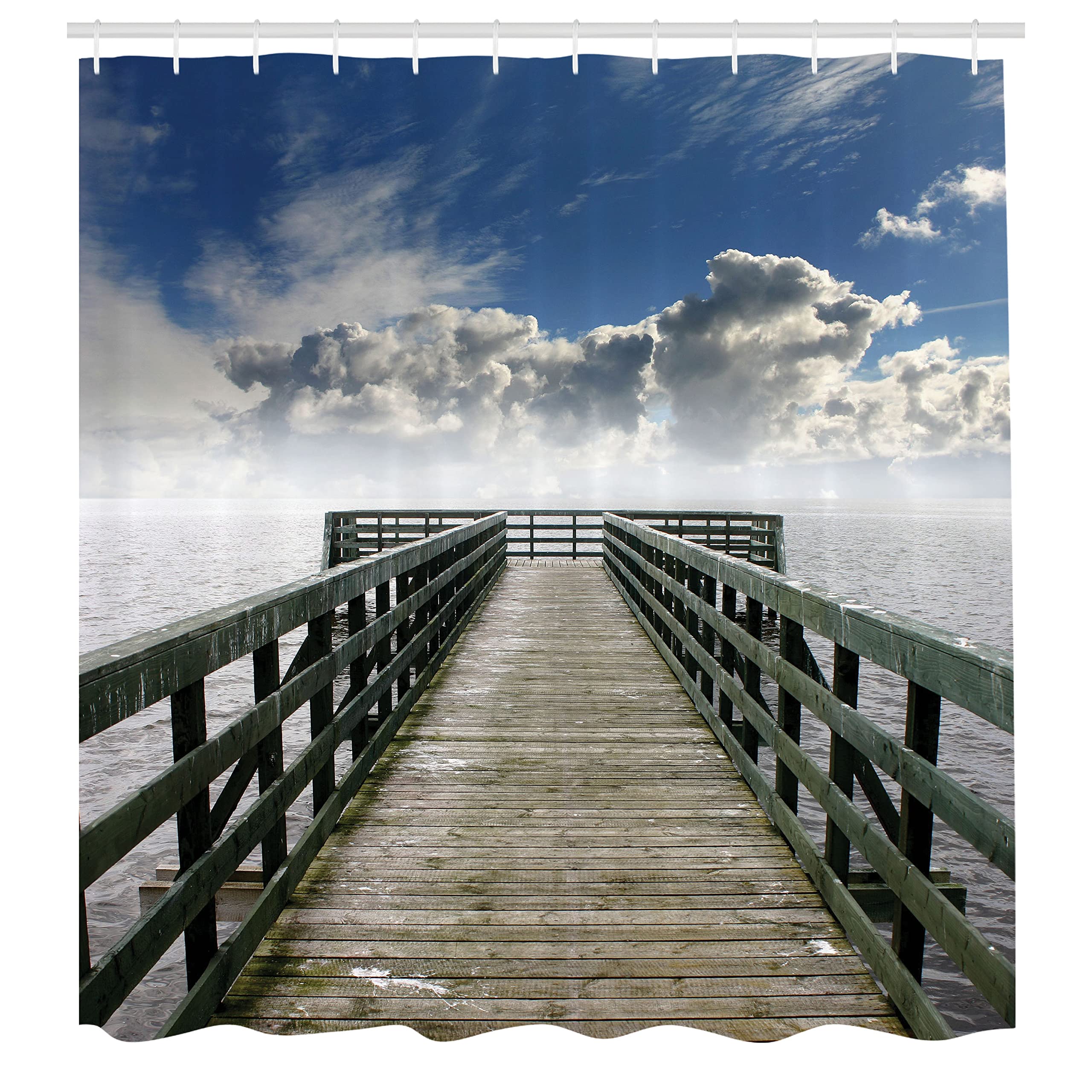 Ambesonne Seascape Shower Curtain, Seaside Banister Clouds Beige Foggy Morning And Ocean Seascape View Image, Cloth Fabric Bathr